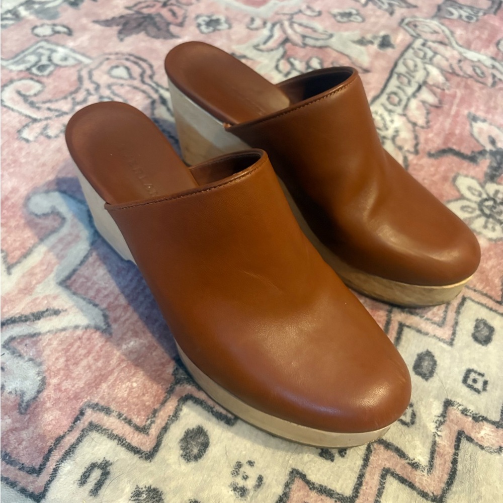 Everlane Brown Leather and Wood Wedge Mules, size 7 - Picture 2 of 12